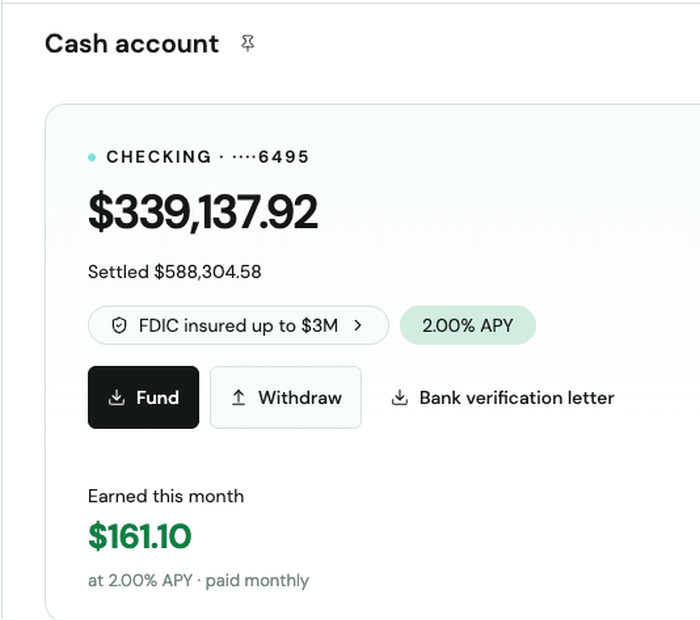 Cash account card showing the Fund button