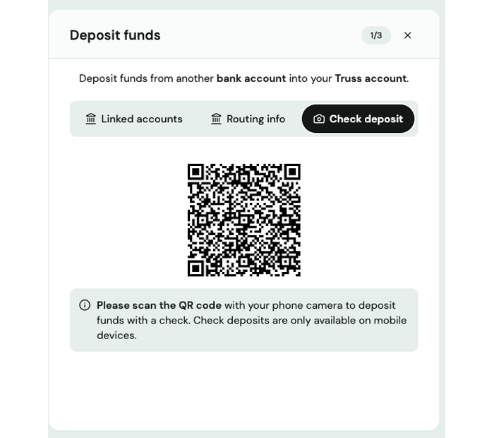 Deposit funds window on the Check deposit tab, showing a QR code to scan with a phone