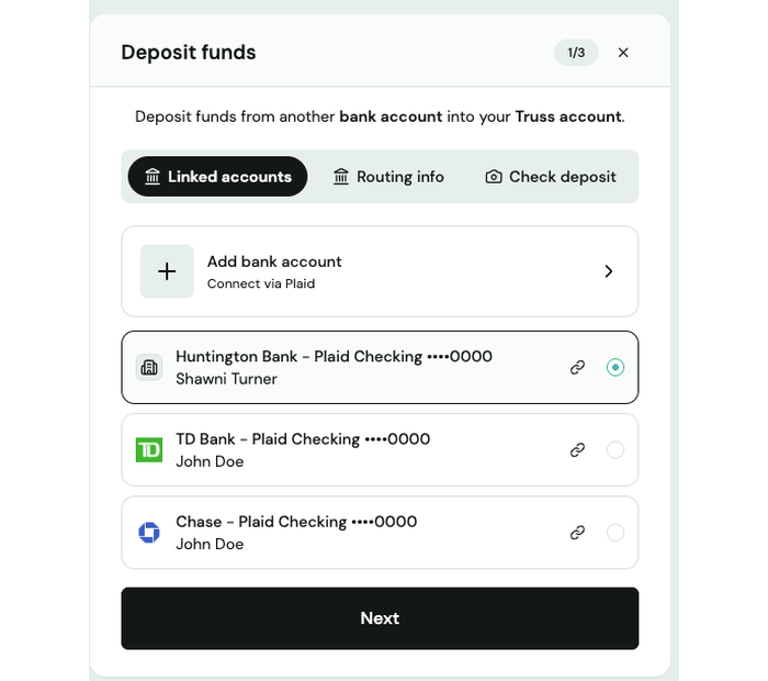 Deposit funds window on the Linked accounts tab, showing connected bank accounts