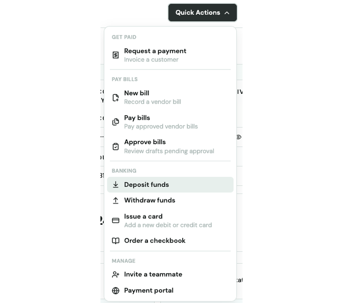 Quick Actions menu with Deposit funds highlighted under Banking