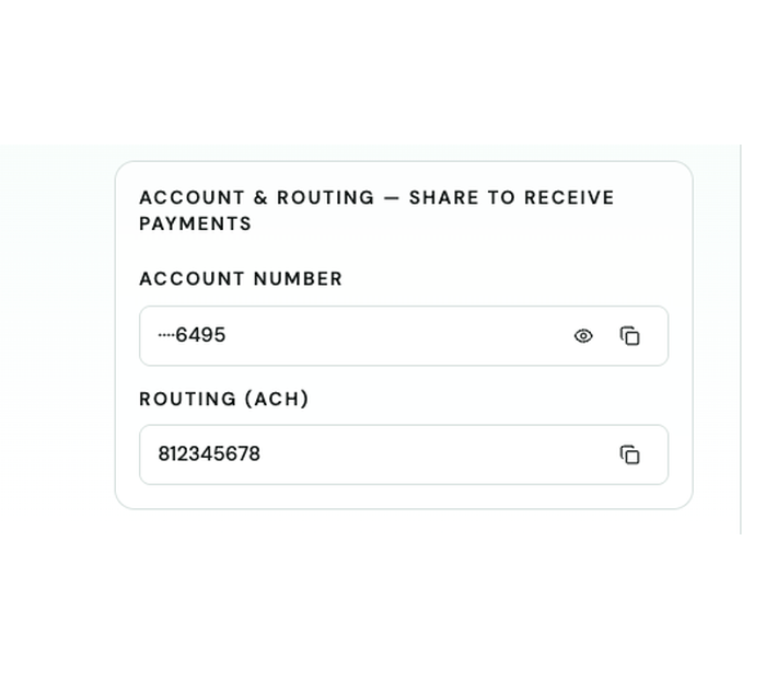 Deposit funds window on the Routing info tab, showing account number and ACH routing number