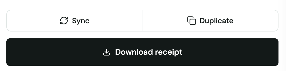 Bill actions showing Sync and Duplicate buttons above a Download receipt button