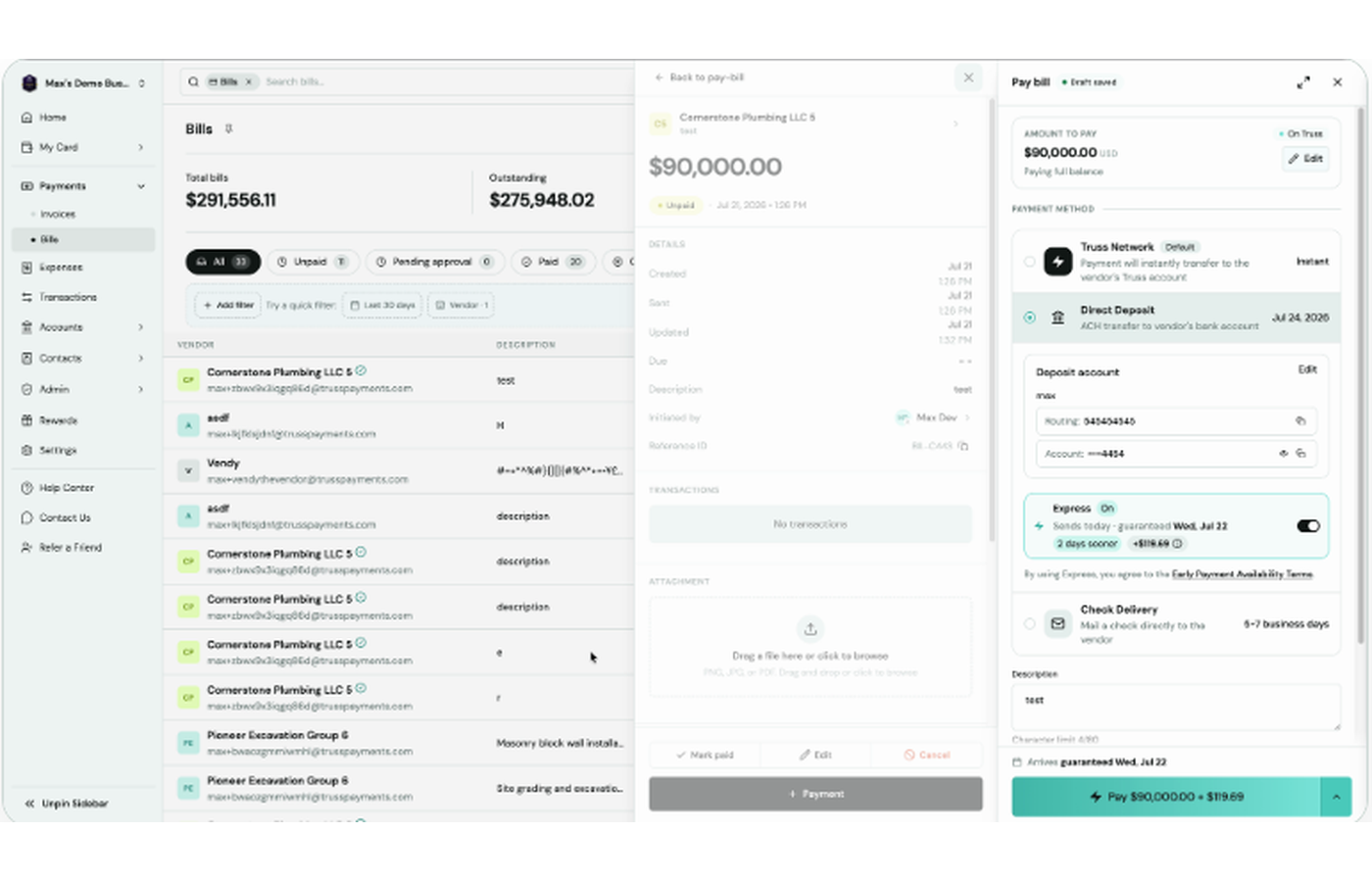 Pay bill panel with the Express toggle set to On, showing the guaranteed arrival date, days saved, and the fee added to the total