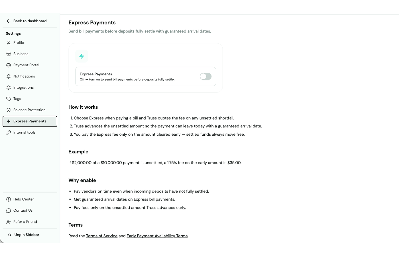 Express Payments settings page showing how it works, a fee example, and the reasons to enable it