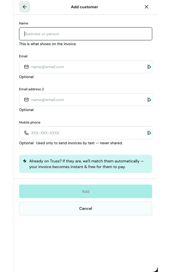 Add customer form with Name, Email, Email address 2, and Mobile phone fields, and a note that matching existing Truss customers makes the invoice instant for them to pay
