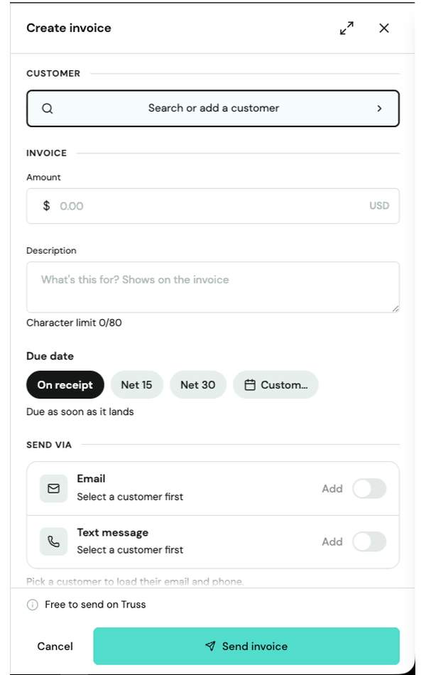 Create invoice window with customer search, amount, description, due date options, and send-via toggles