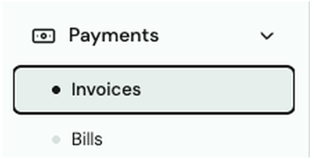 Payments section expanded in the sidebar with Invoices selected