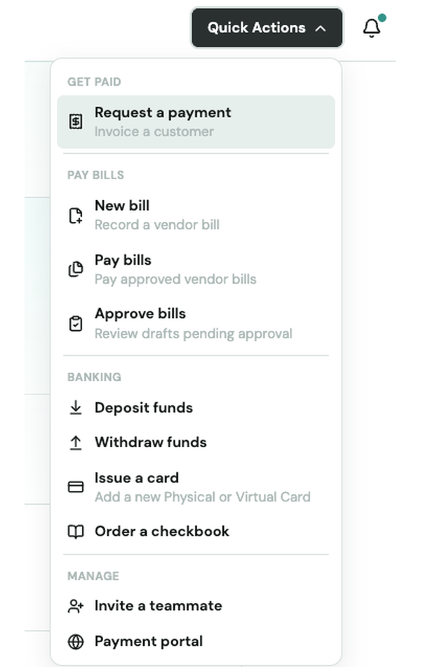 Quick Actions menu open, showing Request a payment under Get Paid, with Pay Bills and Banking sections below