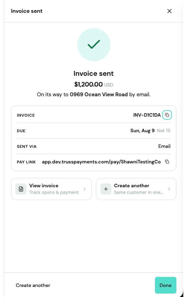 Invoice sent confirmation showing amount, delivery address, invoice ID, due date, sent via, and pay link