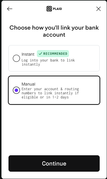 Manual linking option selected in Plaid