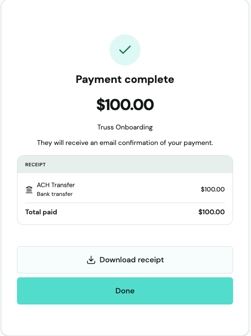 Payment complete confirmation screen — bank transfer (ACH) receipt