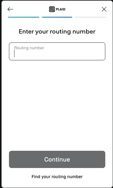 Enter routing and account number screen in Plaid