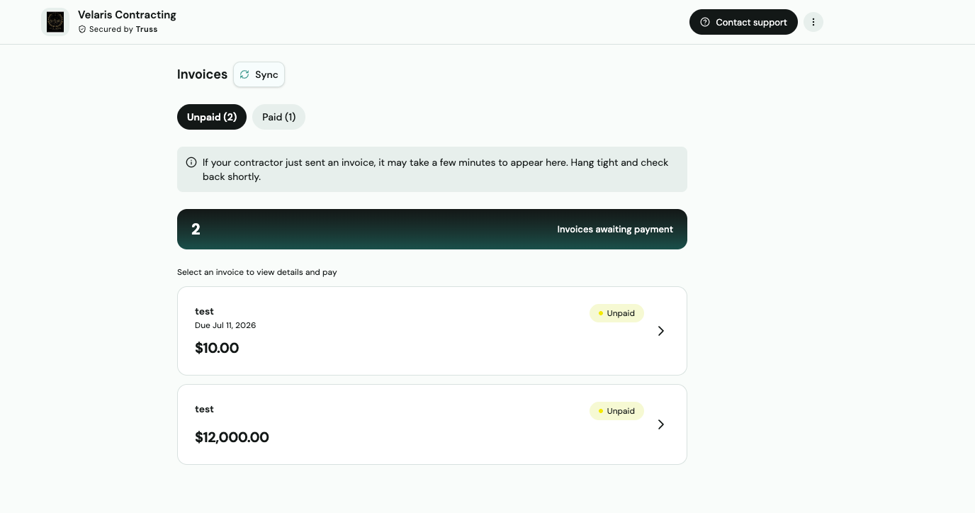 Invoices dashboard showing unpaid invoices — don't see your invoice? Click Sync in the top right