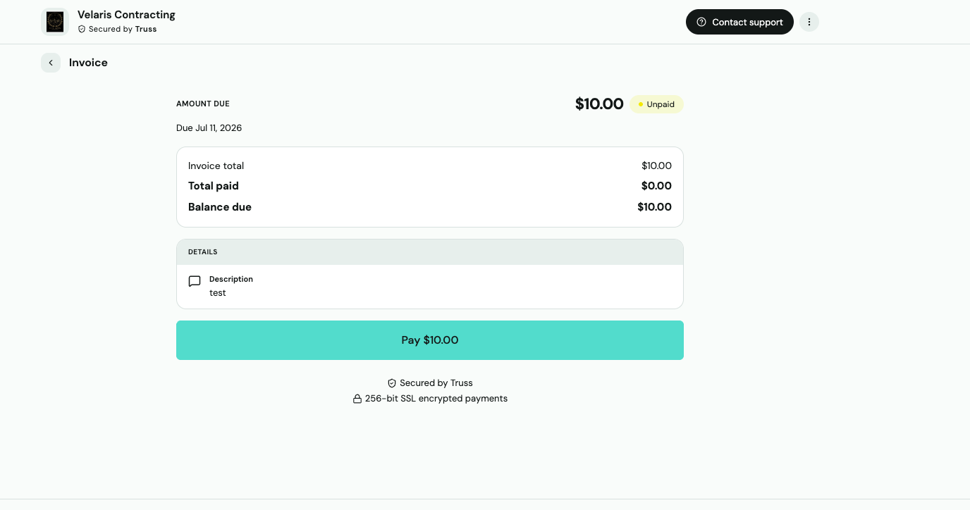 Invoice detail page showing amount due — review the balance, then click Pay