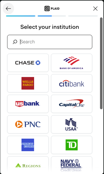 Select your bank institution