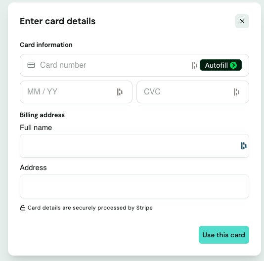 Enter card details form