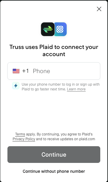 Plaid connect account intro screen — continue with Plaid