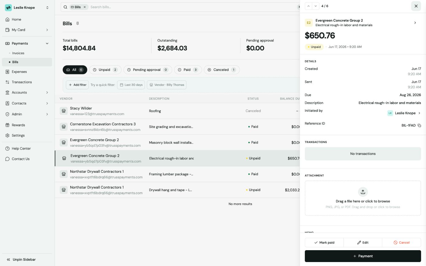 Bills page with the bill drawer open for Evergreen Concrete Group 2 at $650.76 in Unpaid status, showing details and Mark paid, Edit, and Cancel actions