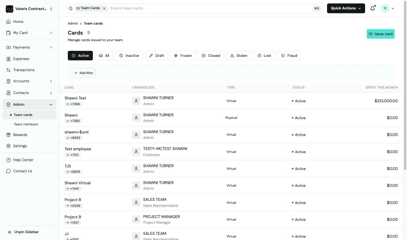 Admin Team Cards page listing active virtual and physical cards with cardholder names and monthly spend amounts