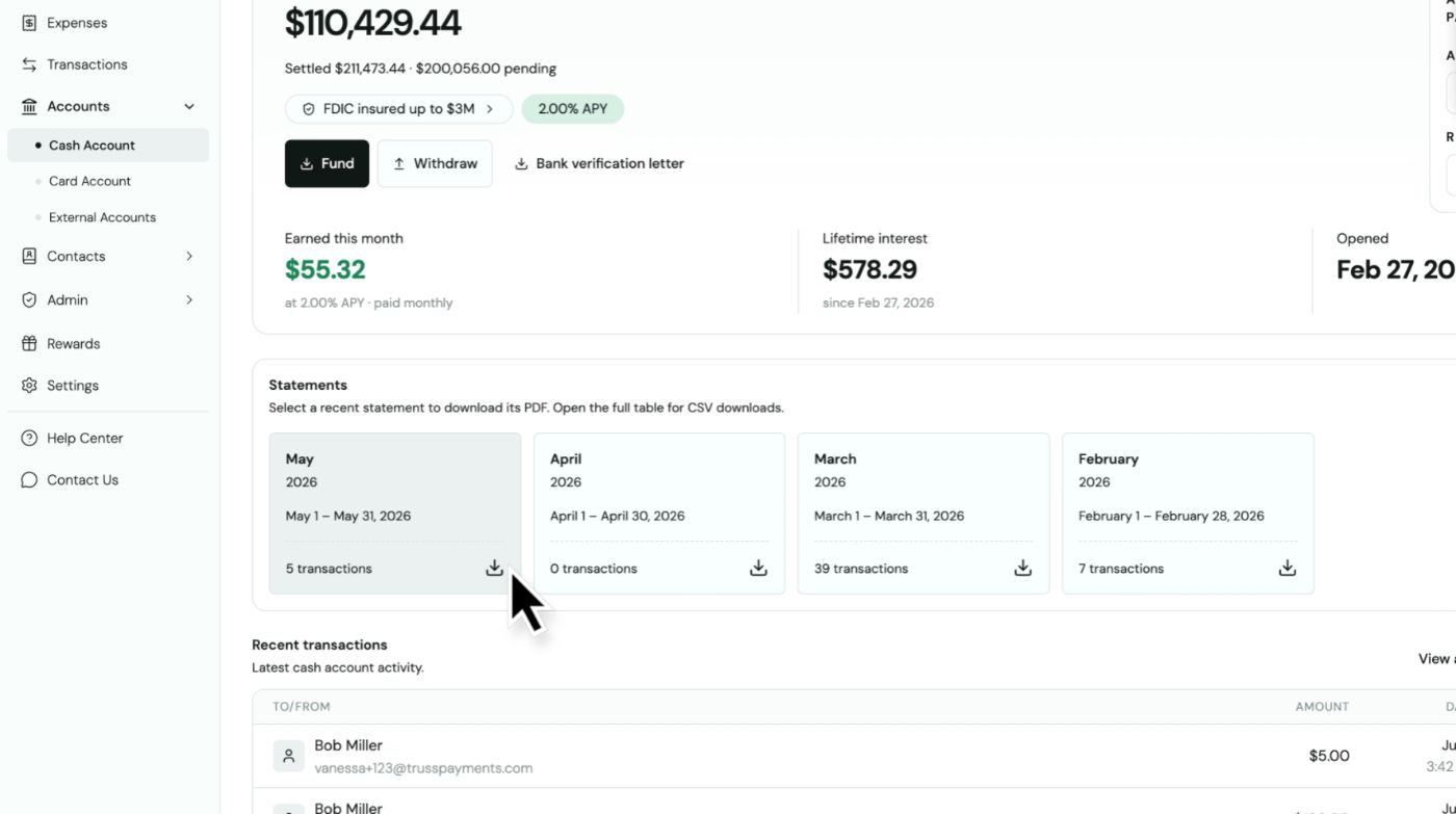 Cash Account page showing the balance, APY, Fund and Withdraw buttons, and the Statements section with monthly cards and recent transactions