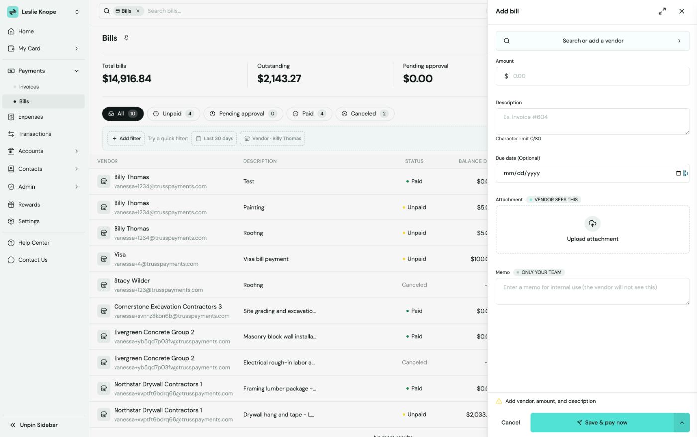 Bills page with totals for total bills, outstanding, and pending approval and the Add bill panel open on the right showing Search or add a vendor, amount, and description fields
