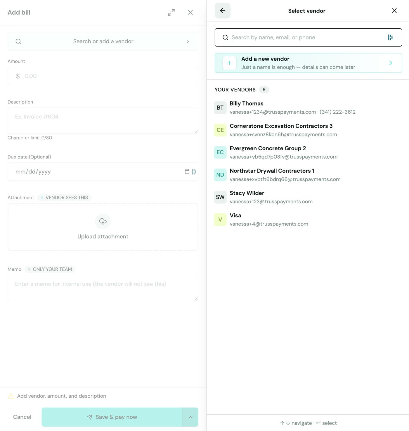 Add bill panel with vendor Billy Thomas selected and empty amount and description fields