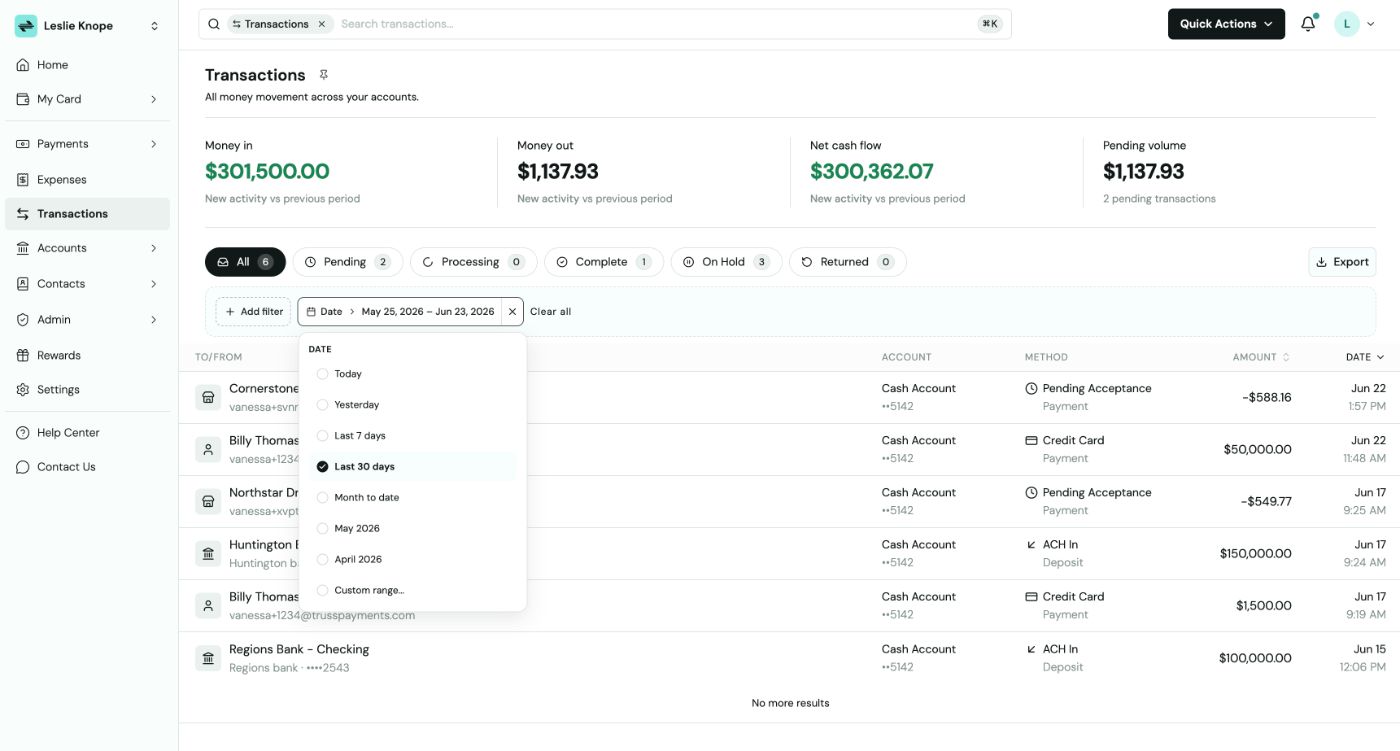 Transactions page with the Date filter dropdown open, showing Today, Yesterday, Last 7 days, Last 30 days, Month to date, monthly, and Custom range options
