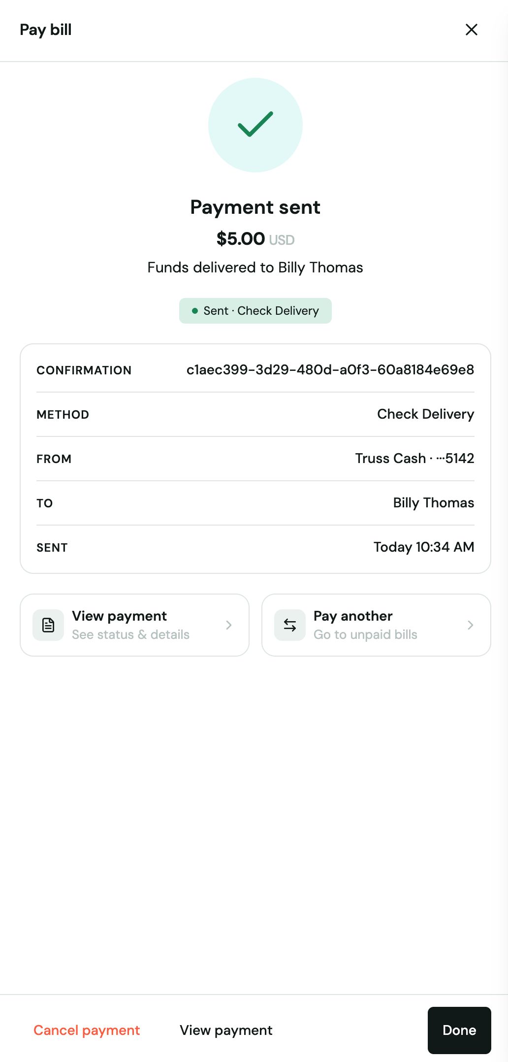 Vendor email with Status Check Payment in Progress notifying Billy that a $5.00 check is on the way, with a Track Transaction button