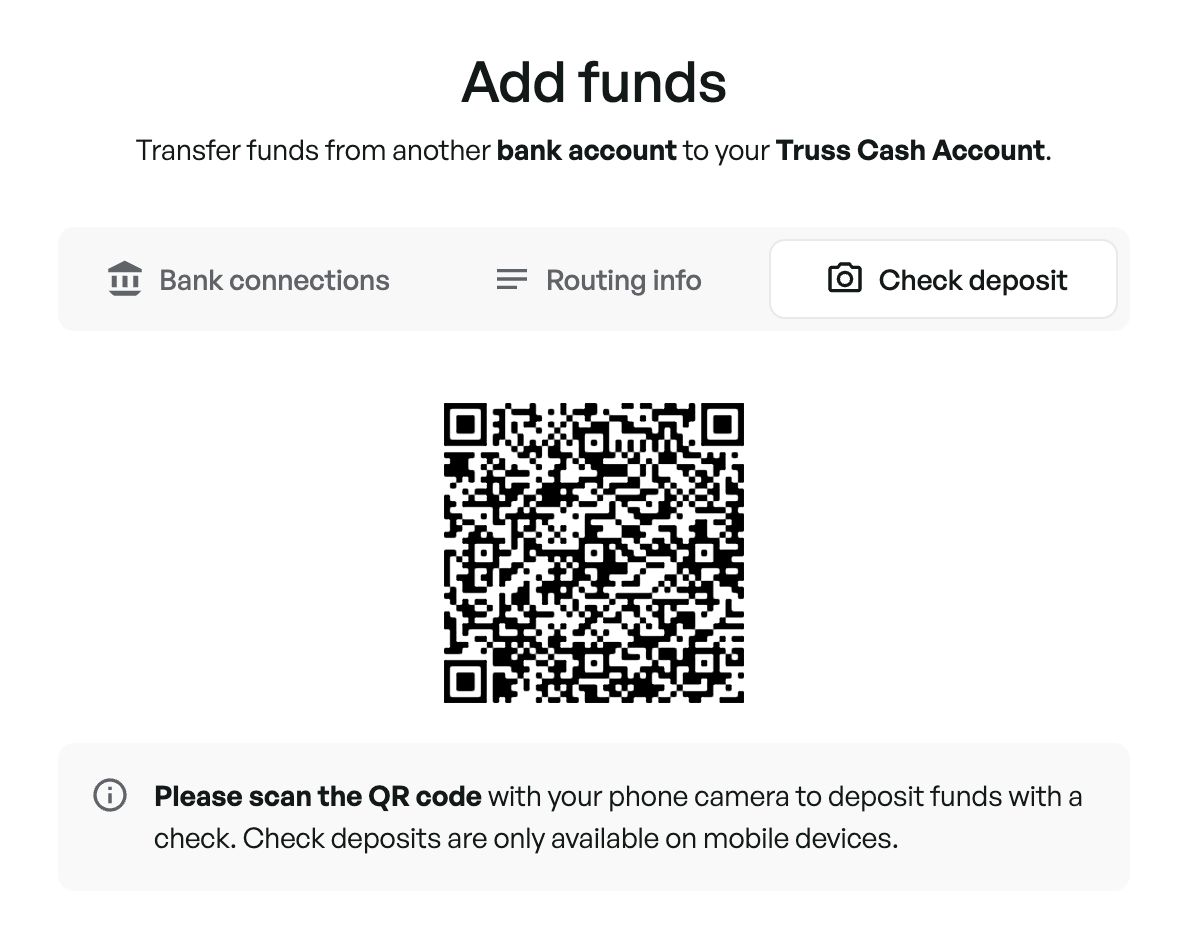 Add funds dashboard screen on the Check deposit tab showing a QR code to scan with your phone to deposit a check