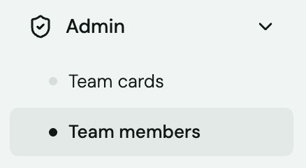 Expanded Admin section of the left sidebar with Team cards and the selected Team members item