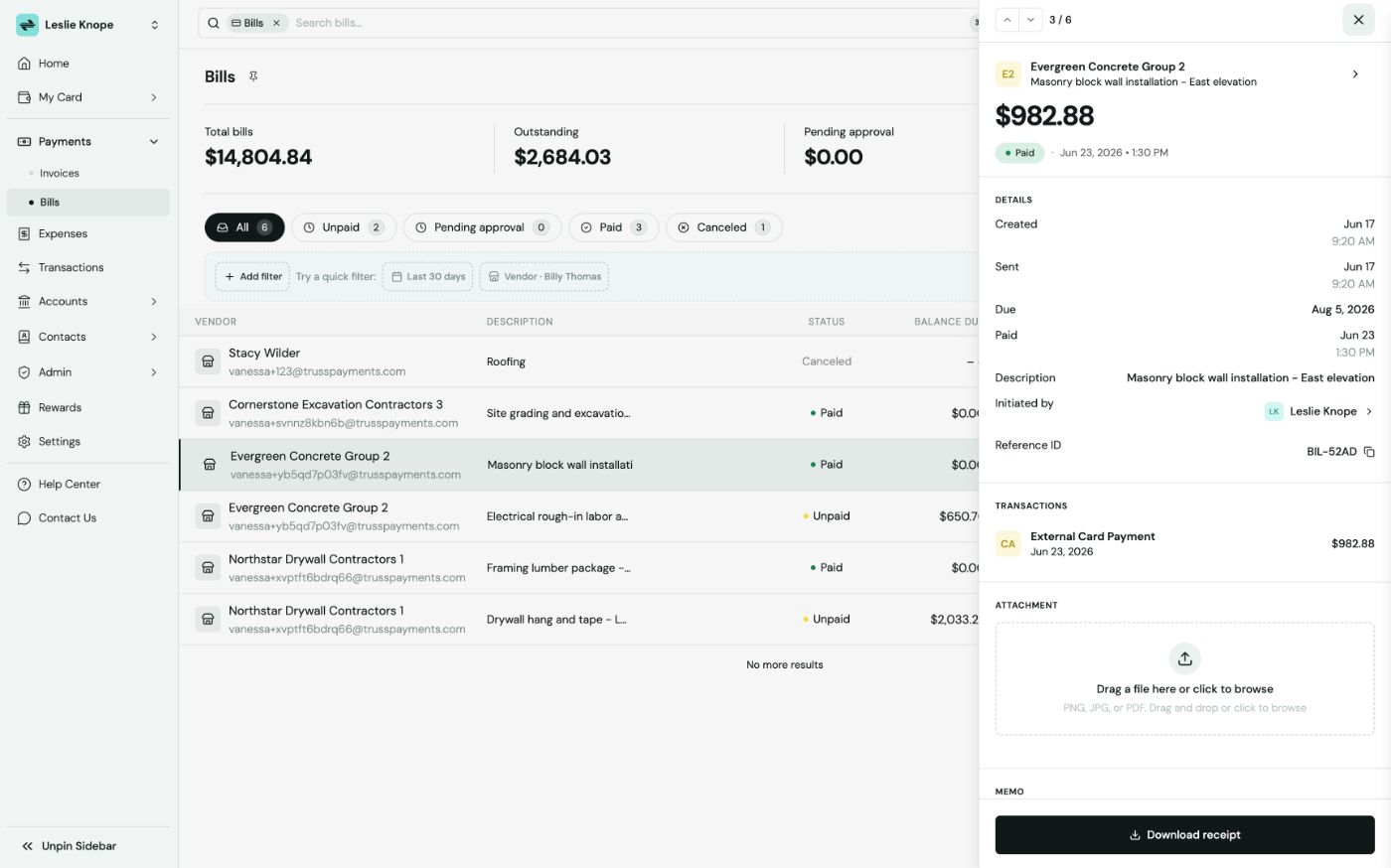 Bill side panel after confirmation showing a green Paid status, a Jun 23 paid date, an External Card Payment of $982.88 under Transactions, and a Download receipt button