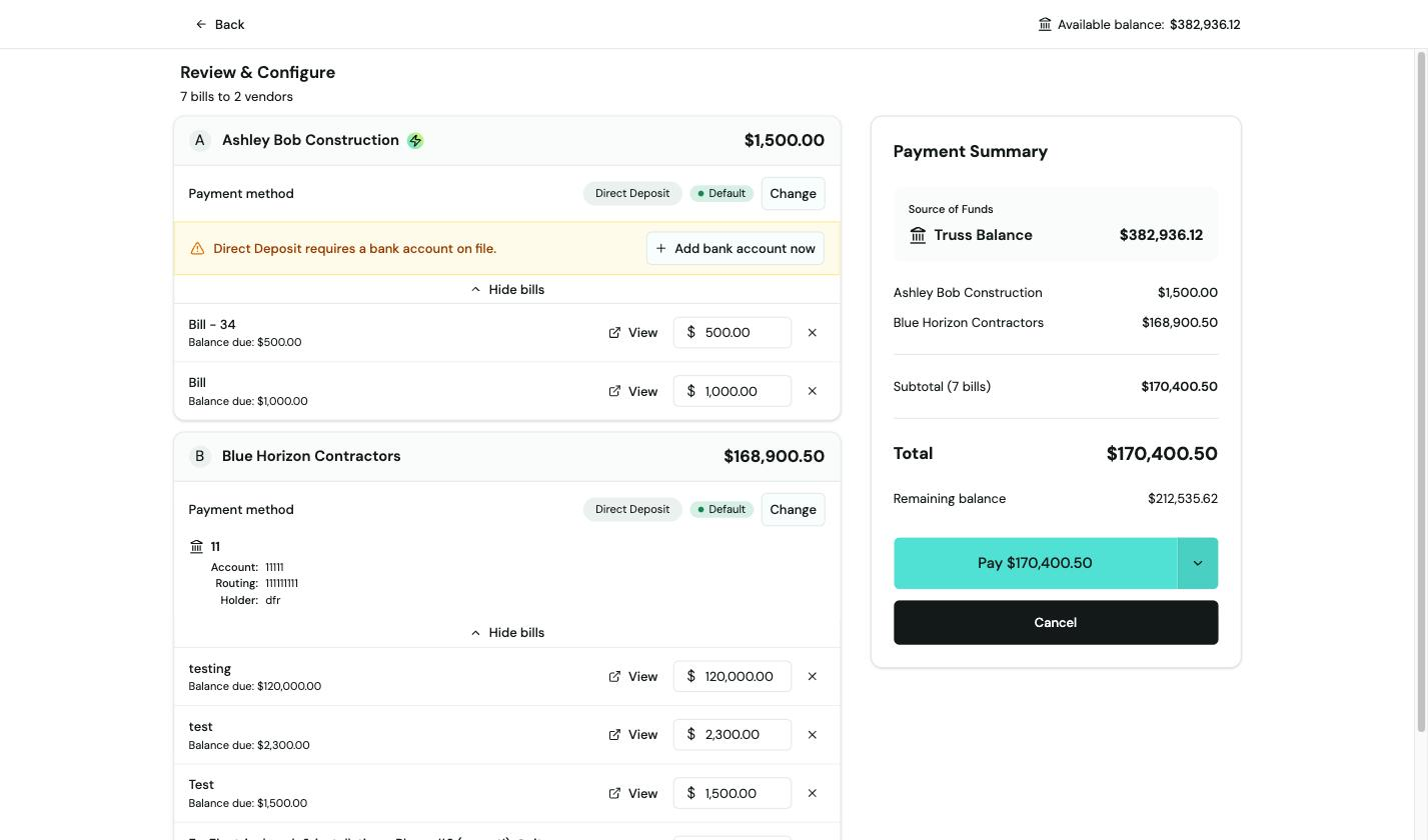 Review and configure payment screen showing 7 bills to 2 vendors totaling $170,400.50