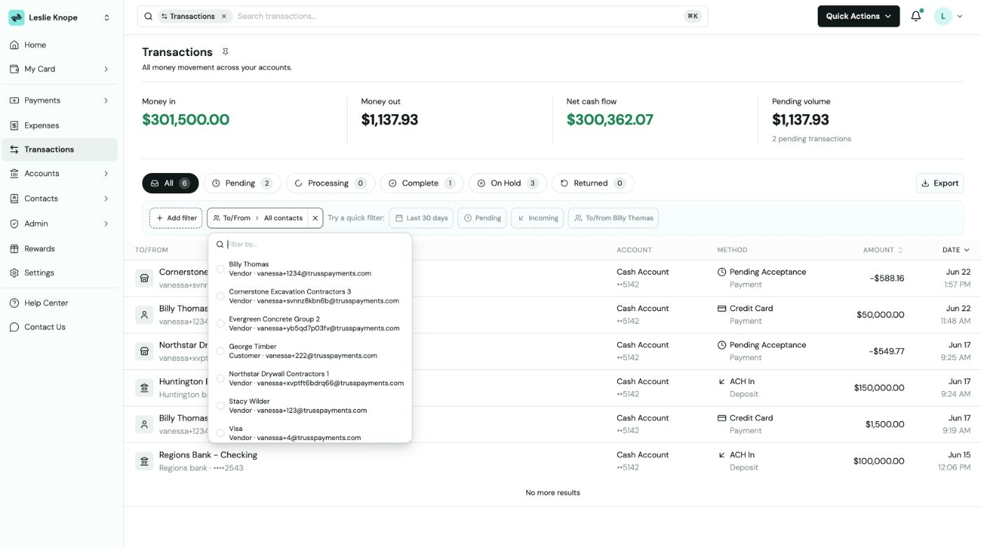 Transactions page with the To/From contact filter dropdown open, listing vendors and customers to filter payments by a specific subcontractor