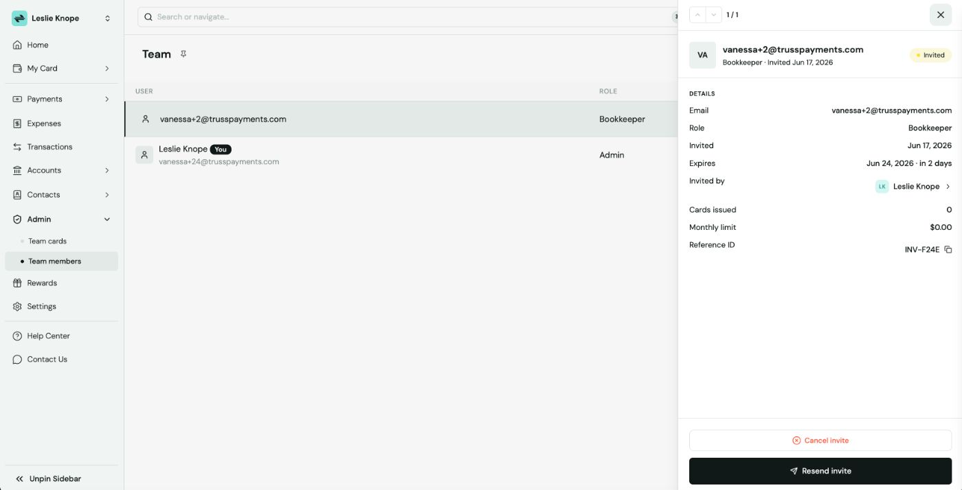 Team member detail panel for an invited bookkeeper showing email, role, invite dates, monthly limit, and Cancel invite and Resend invite buttons