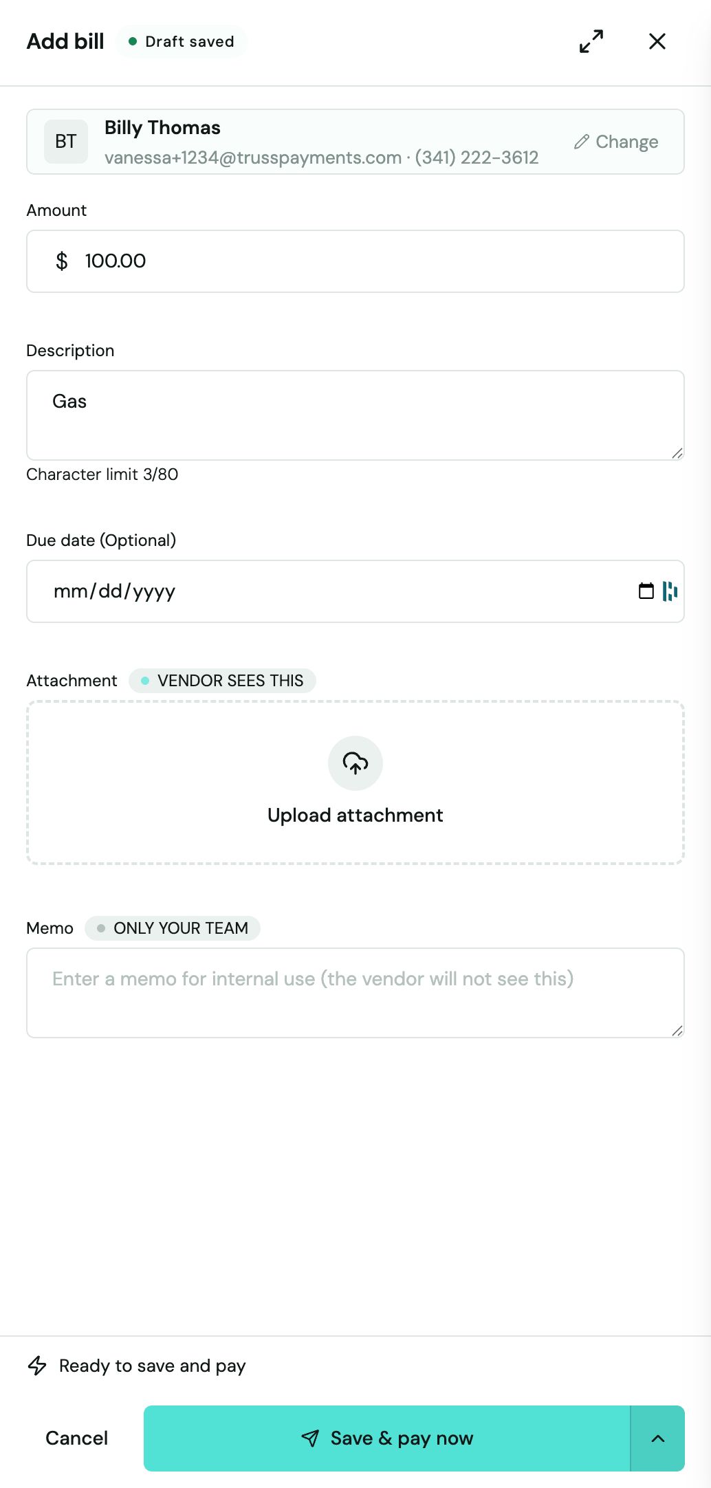 Pay bill panel listing payment methods Payment Link, Direct Deposit, and Check Delivery with Direct Deposit selected and an Add deposit account option