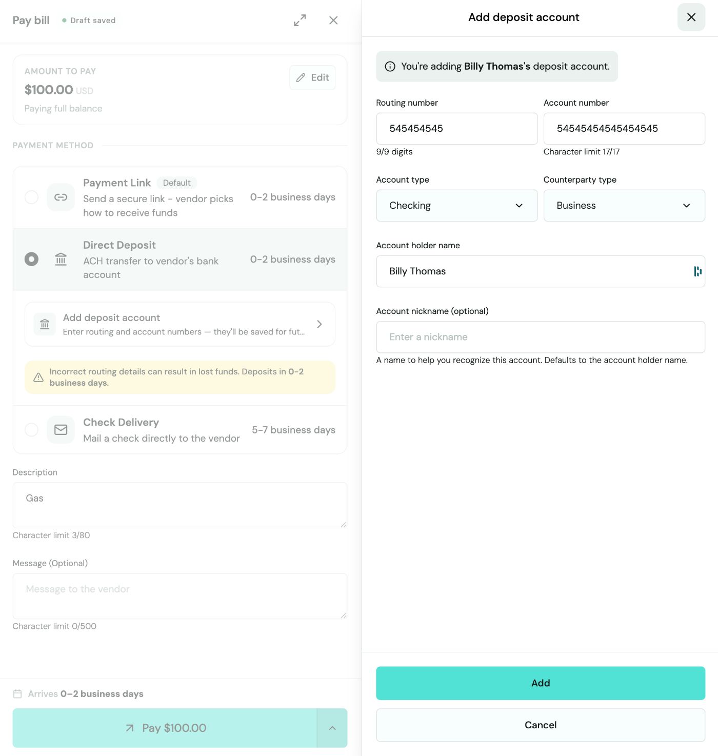 Pay bill panel showing Payment sent for $100.00 with confirmation, Direct Deposit method, and Today's send time