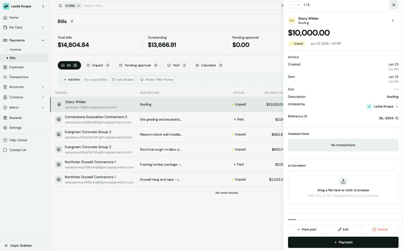 Bills page with the bills list and a selected bill's detail panel showing a $10,000.00 Unpaid bill to Stacy Wilder with Mark paid, Edit, Cancel, and Payment buttons
