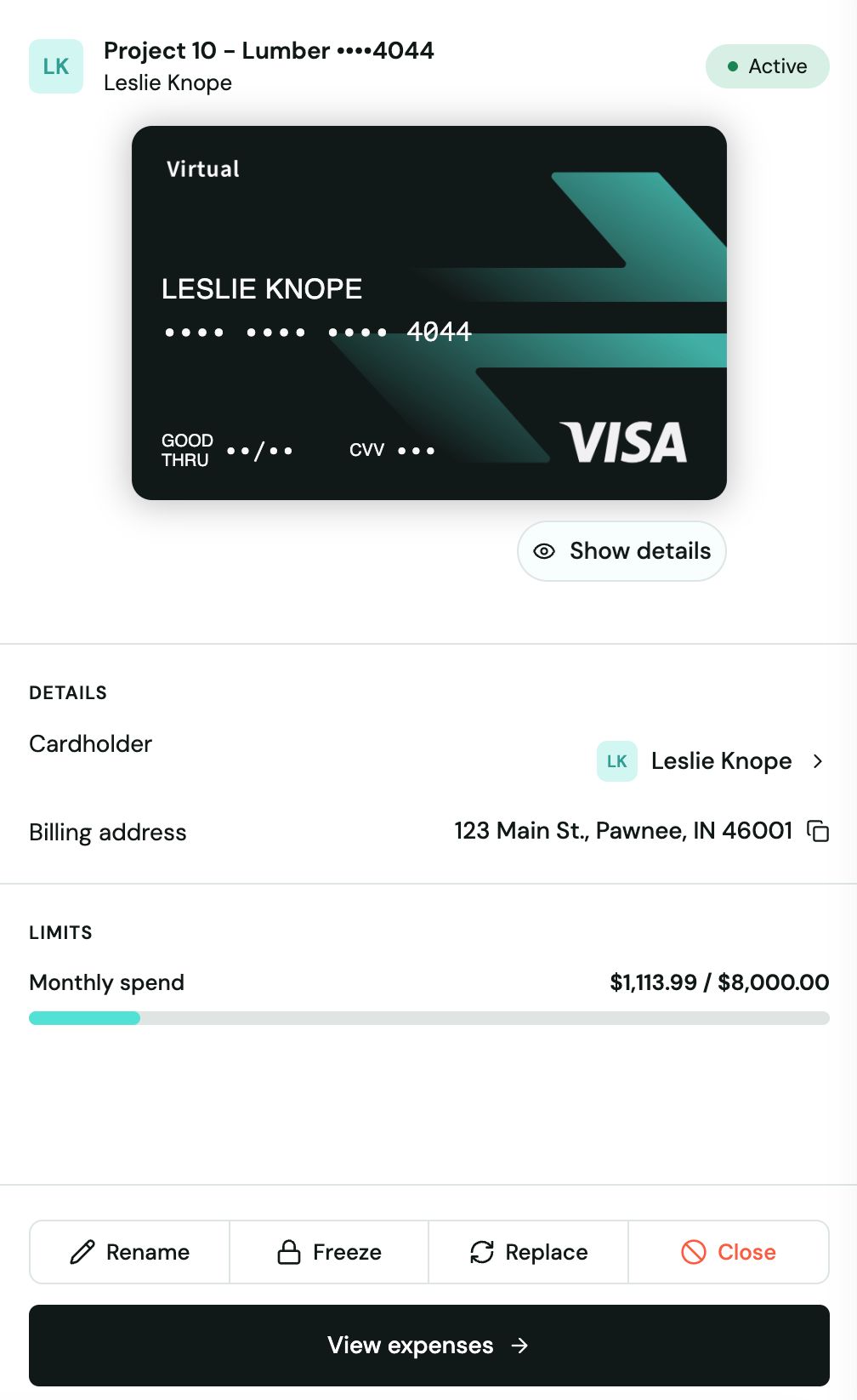 Project 10 - Lumber virtual card detail panel back to Active with a Freeze button in the action bar after unfreezing