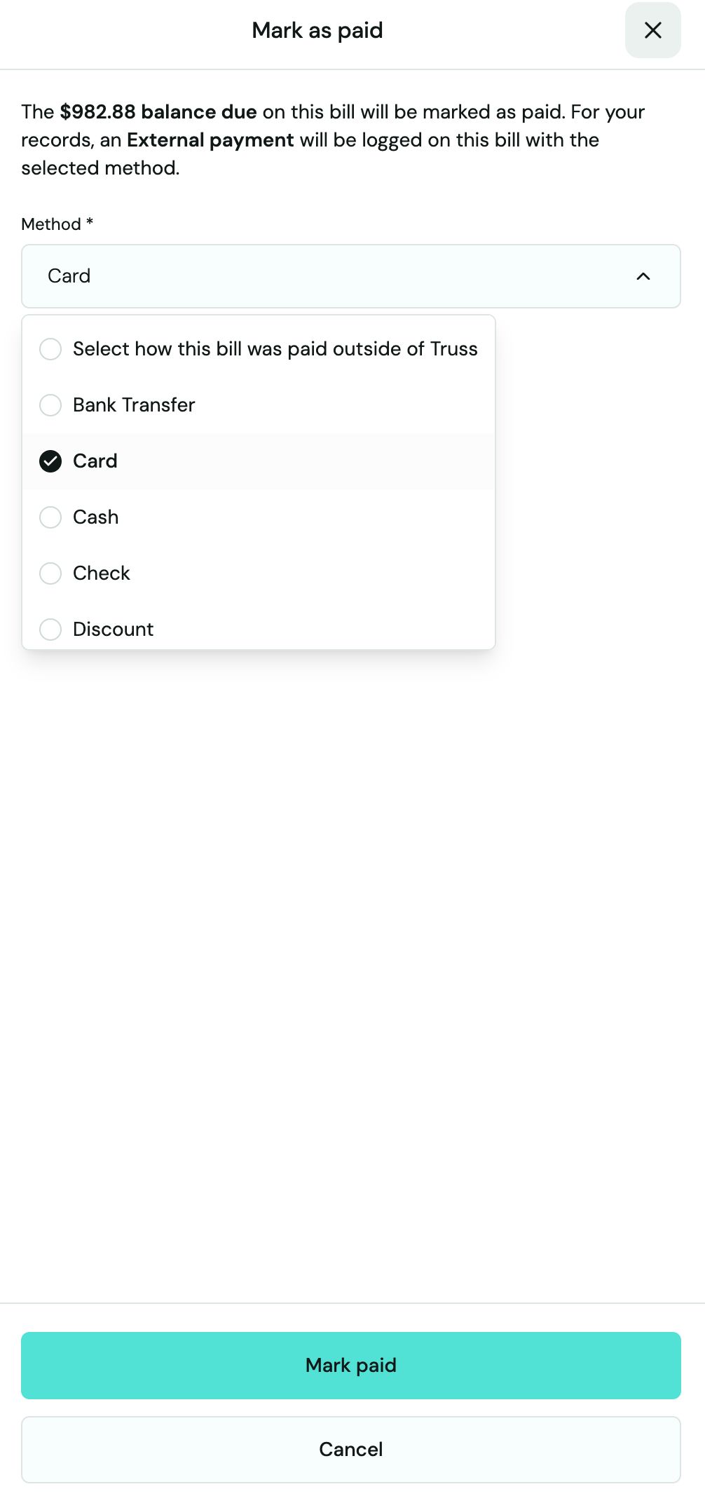 Mark as paid dialog for the $982.88 balance with the Method dropdown open showing Bank Transfer, Card selected, Cash, Check, and Discount options above the Mark paid and Cancel buttons
