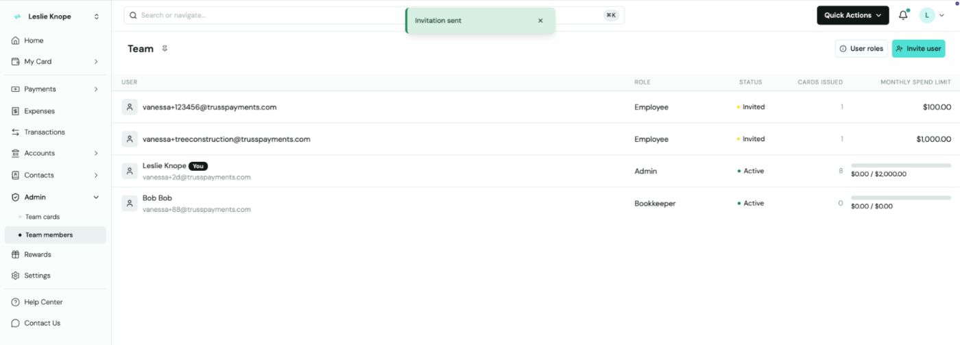 Team members page with an Invitation sent confirmation banner showing two newly invited Employees and existing active members