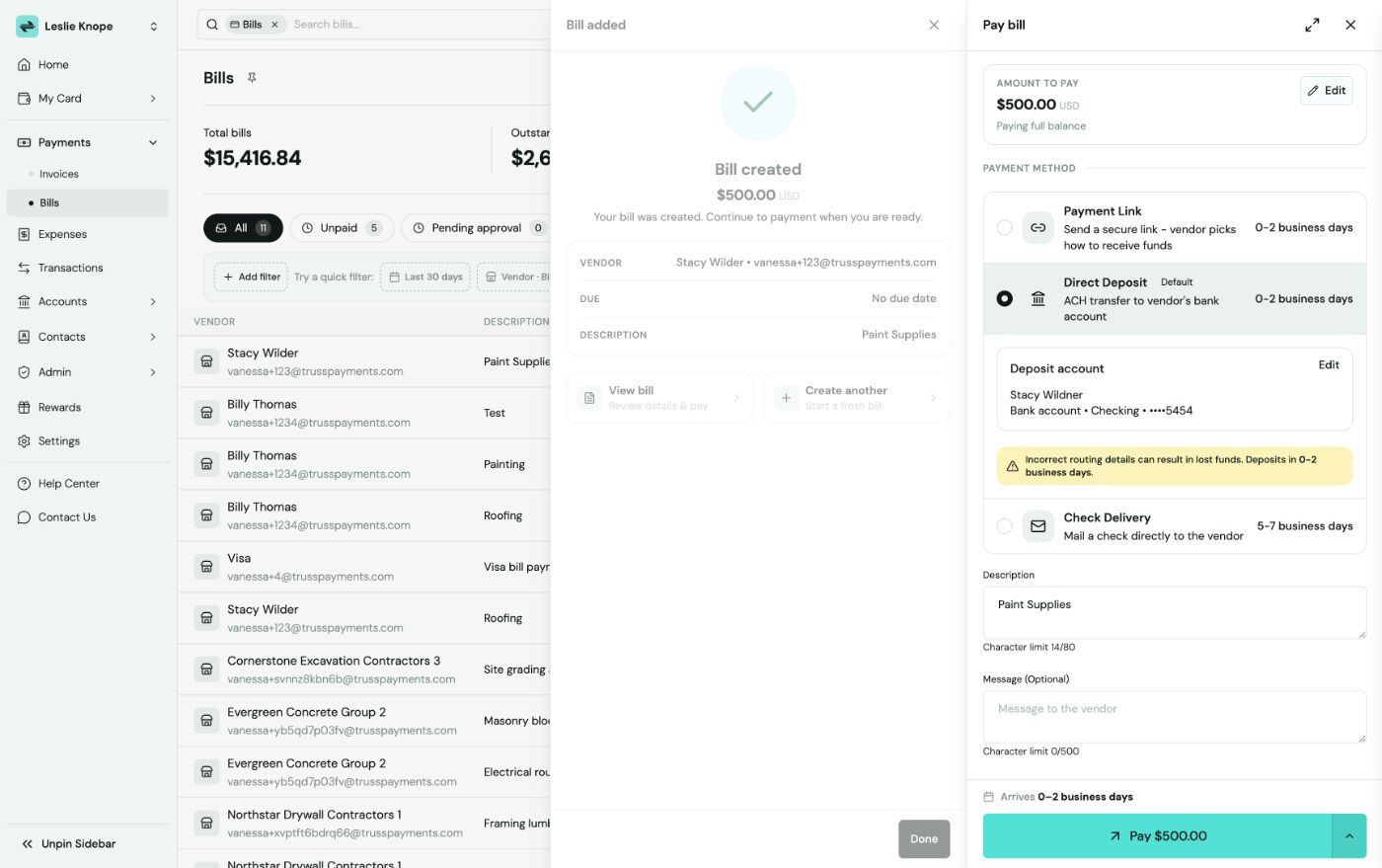 Bill added confirmation showing Bill created for $500.00 next to the Pay bill panel with Direct Deposit selected and the deposit account listed