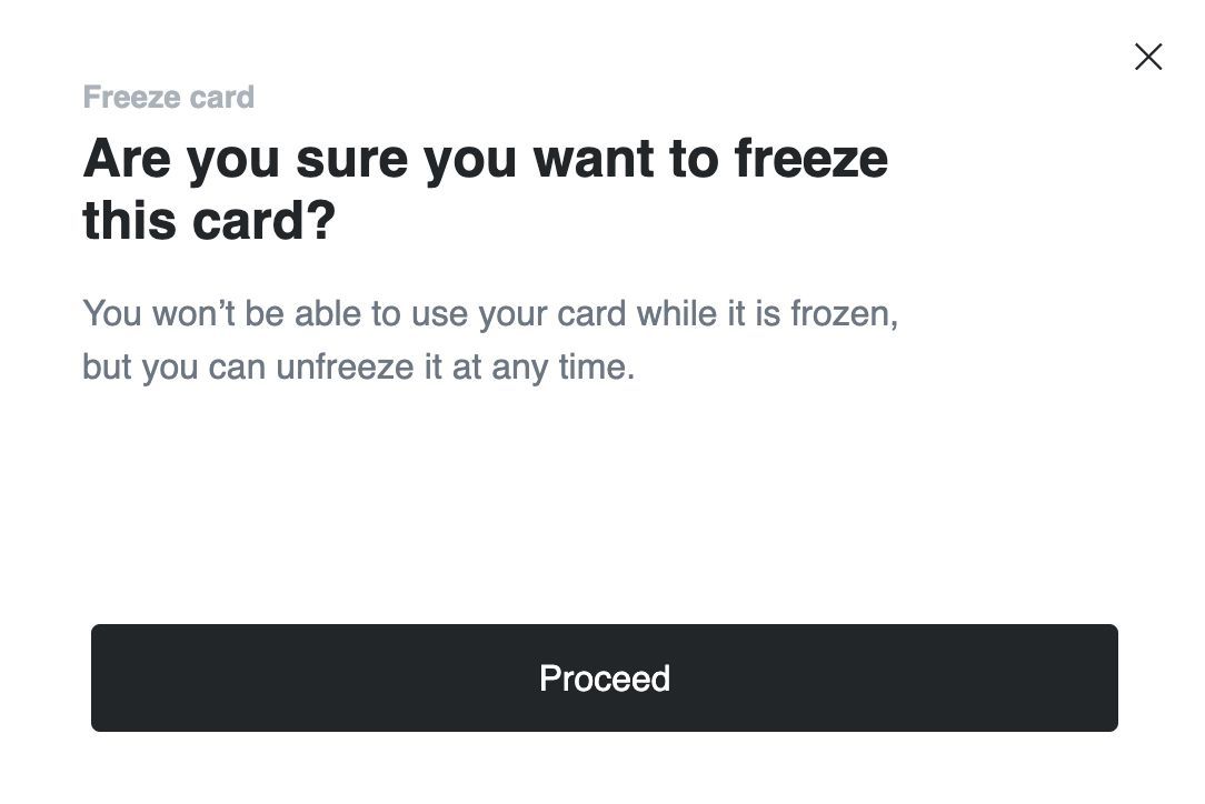 Freeze card confirmation dialog asking Are you sure you want to freeze this card with a Proceed button