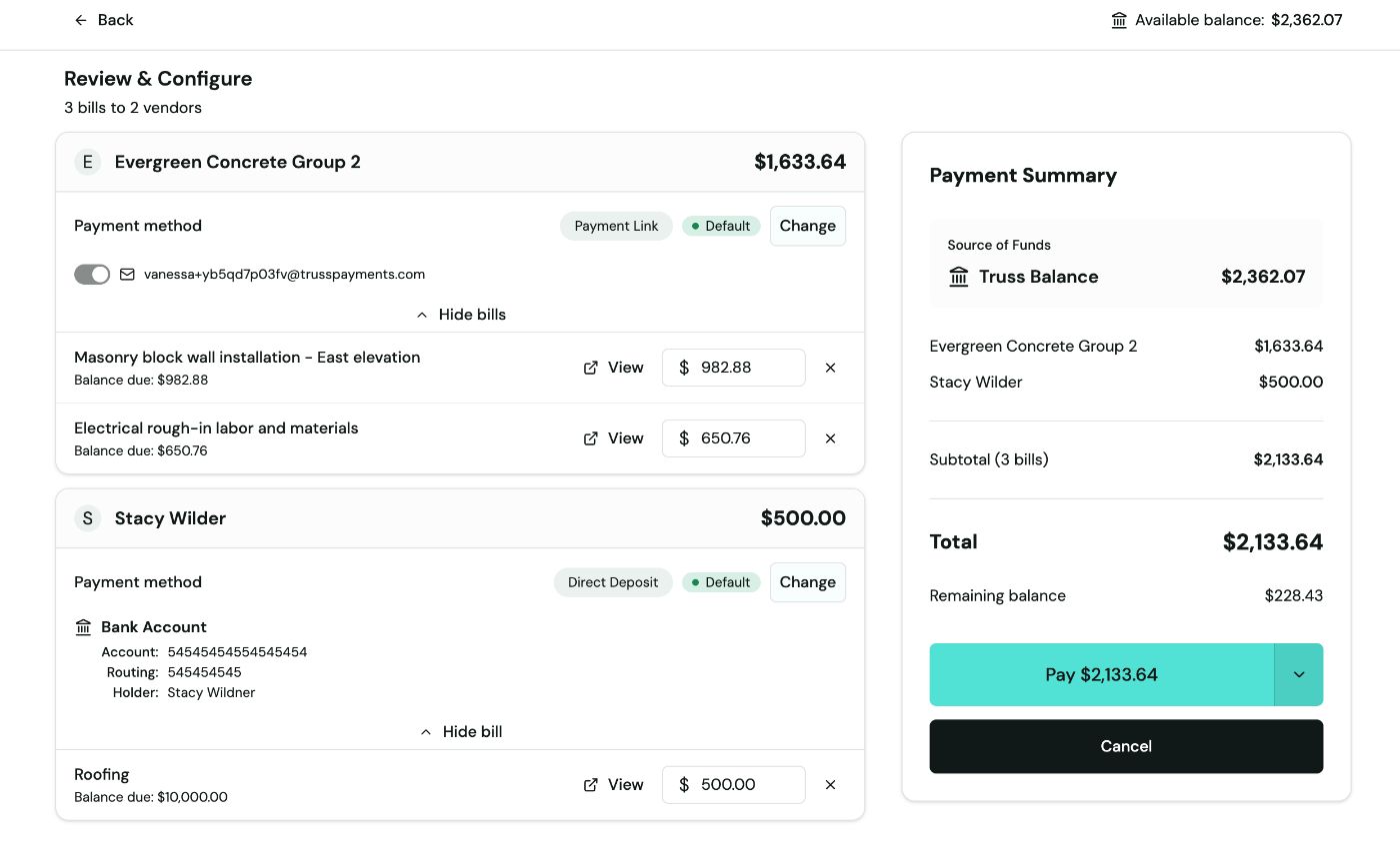 Review & Configure screen with per-vendor payment methods and editable amounts on the left and a Payment Summary panel with the Pay button on the right