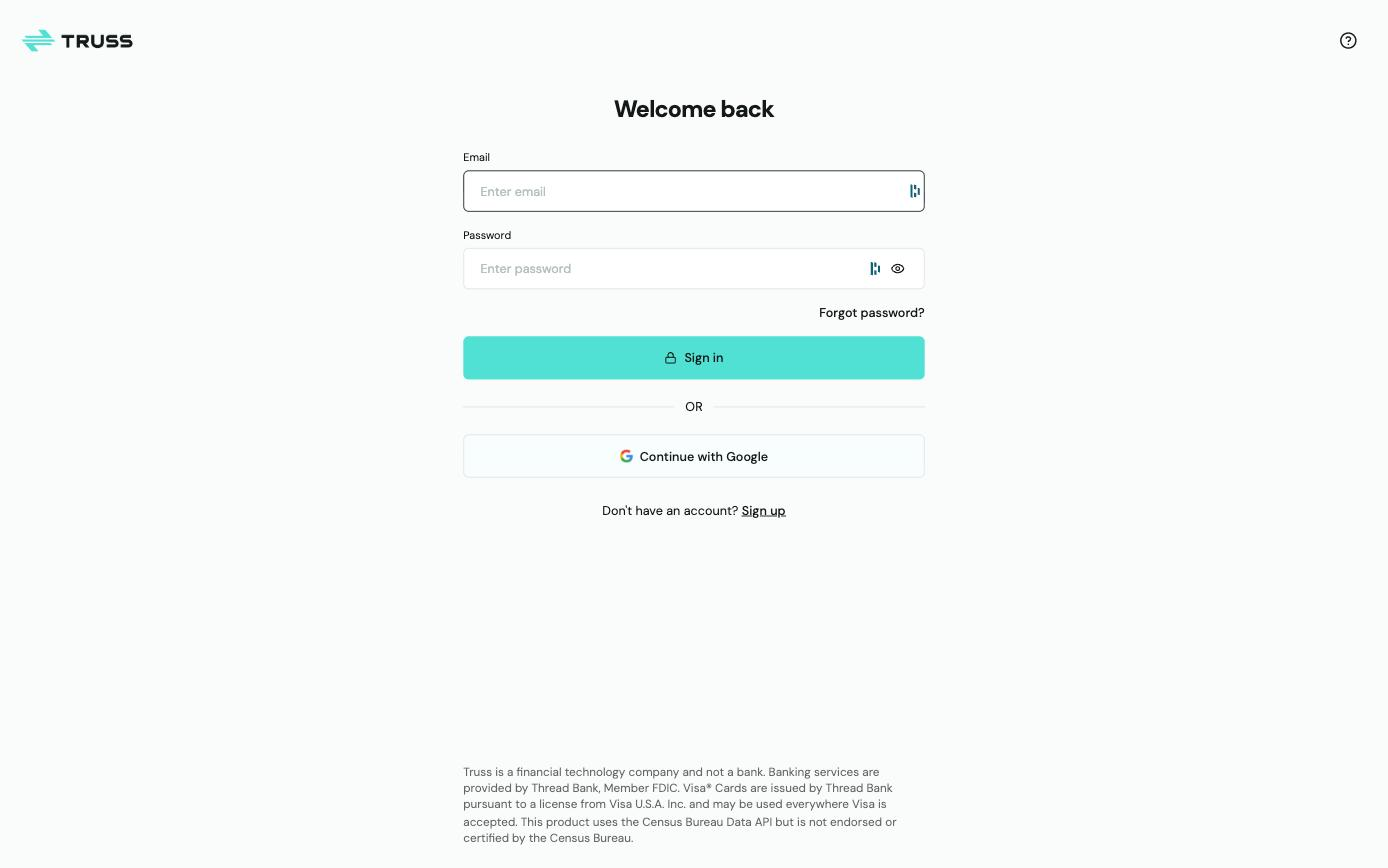 Truss login page with email and password fields, Sign in button, and Google option