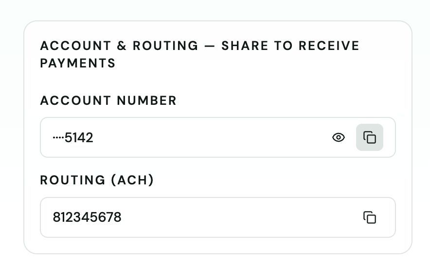 Account & Routing panel with the copy button next to the account number highlighted