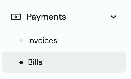 Left sidebar Payments menu expanded with Invoices and Bills, with Bills selected