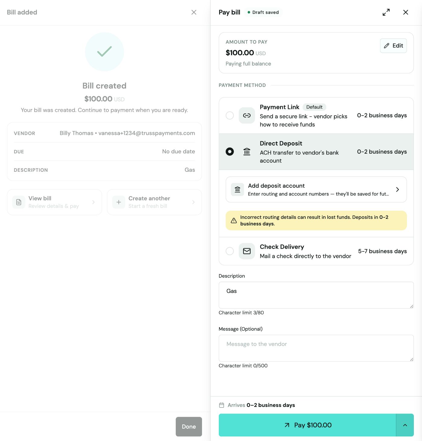 Add deposit account form with routing number, account number, Checking account type, Business counterparty type, and account holder name fields