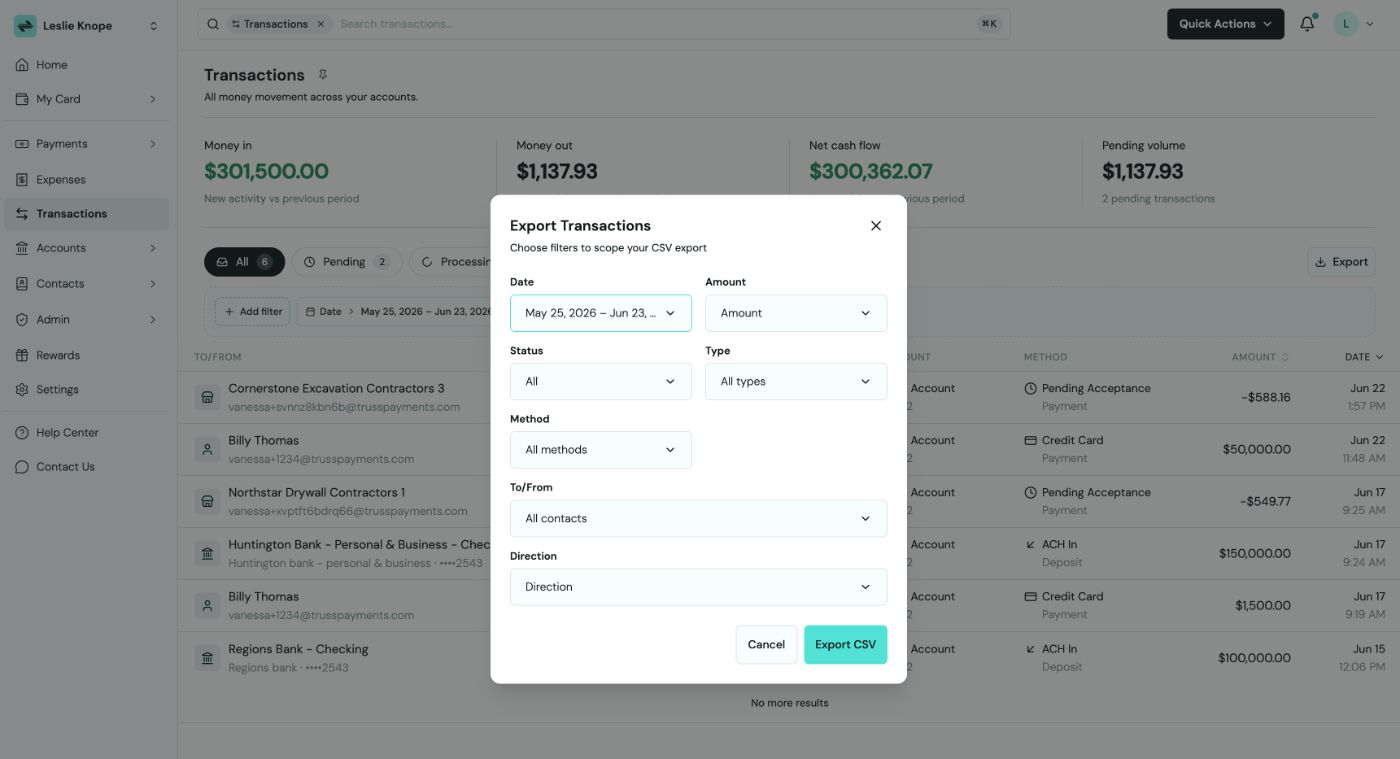 Export Transactions modal with Date, Amount, Status, Type, Method, To/From, and Direction filter dropdowns and an Export CSV button