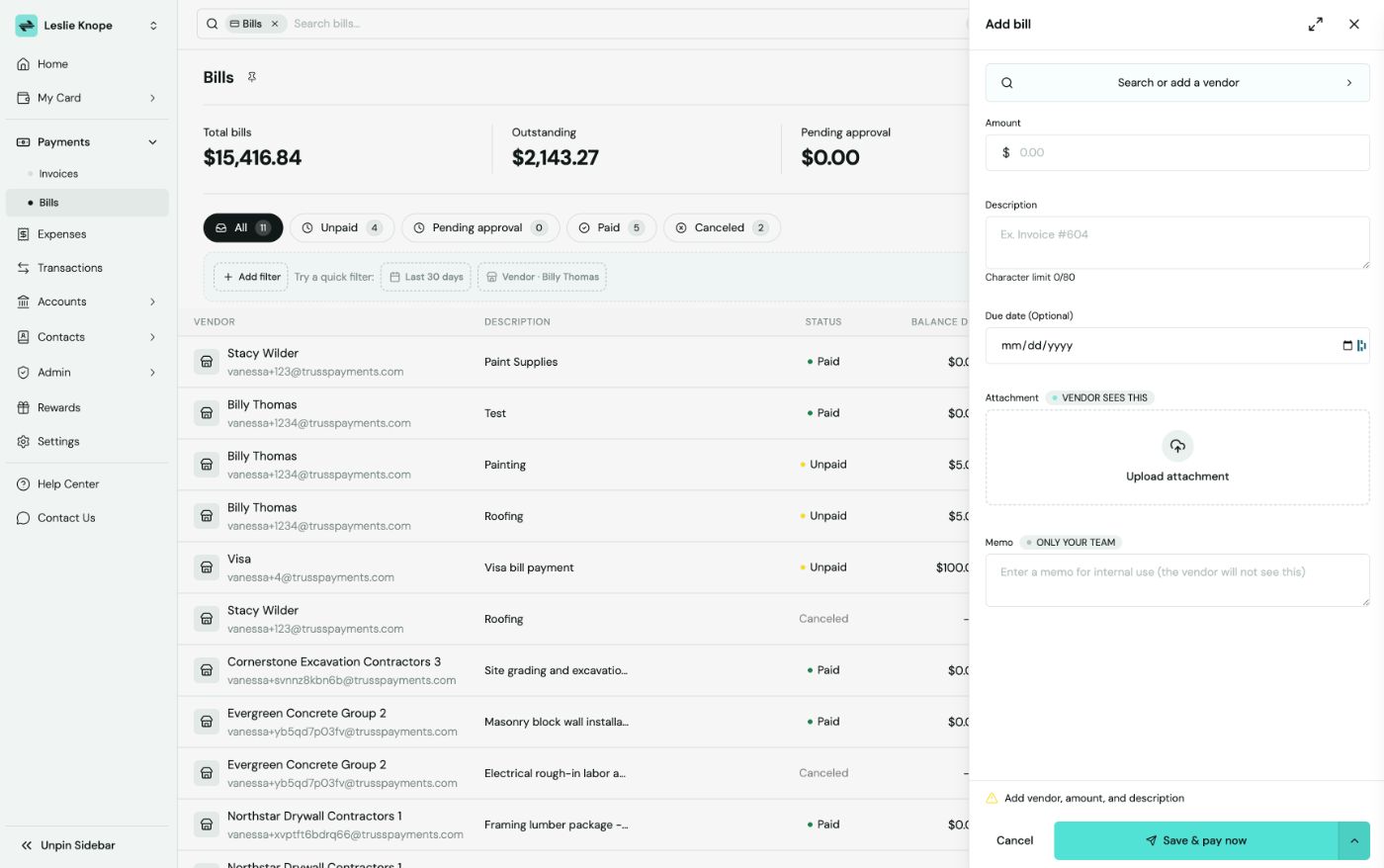 Add bill panel with the Select vendor screen open listing six vendors and an Add a new vendor option