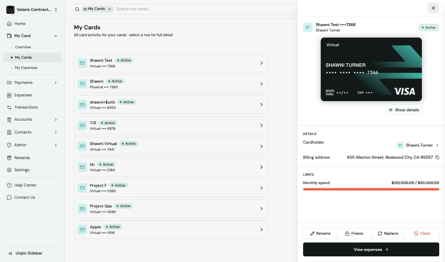My Cards list with Shawni Test virtual card detail panel open showing active status and exceeded monthly spend limit